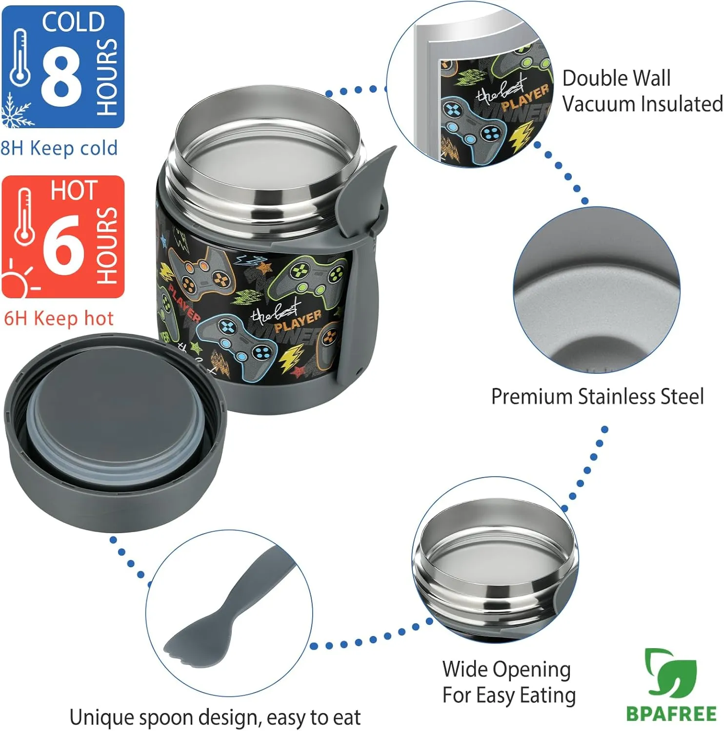 Bento Lunch Box Set for Kids with 10oz Soup Thermo, Leak-Proof Lunch Containers with 4 Compartment, Kids Thermo Hot Food Jar and Insulated Lunch Bag for Kid to School,BPA-Free(Black-Game Console)