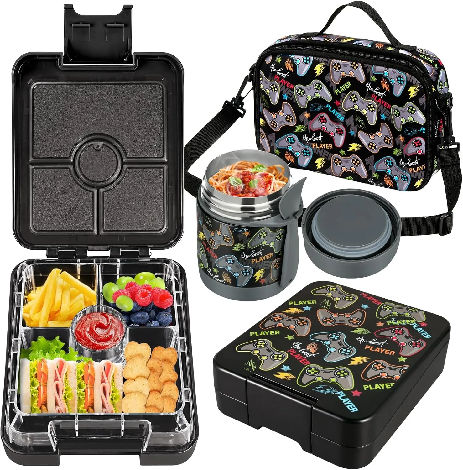 Bento Lunch Box Set for Kids with 10oz Soup Thermo, Leak-Proof Lunch Containers with 4 Compartment, Kids Thermo Hot Food Jar and Insulated Lunch Bag for Kid to School,BPA-Free(Black-Game Console)