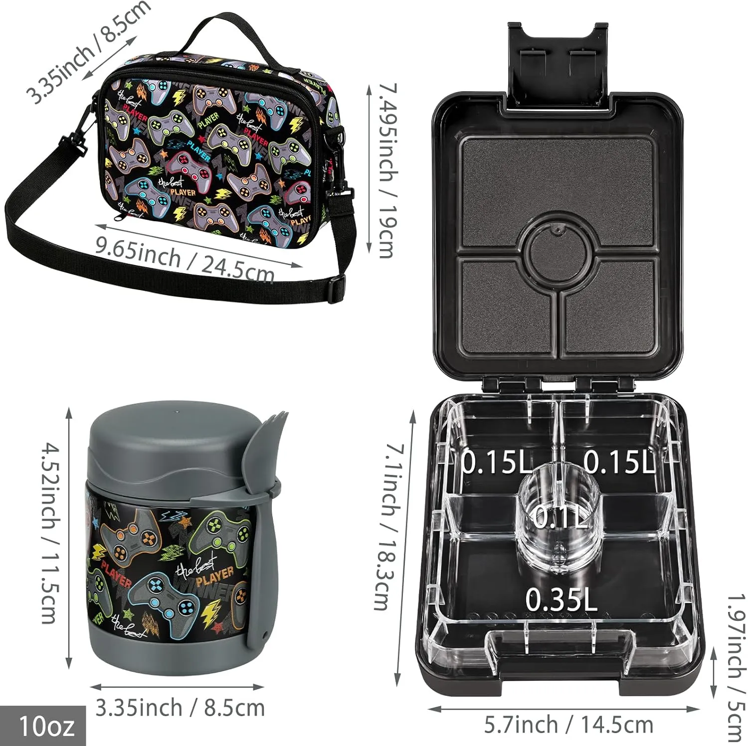 Bento Lunch Box Set for Kids with 10oz Soup Thermo, Leak-Proof Lunch Containers with 4 Compartment, Kids Thermo Hot Food Jar and Insulated Lunch Bag for Kid to School,BPA-Free(Black-Game Console)
