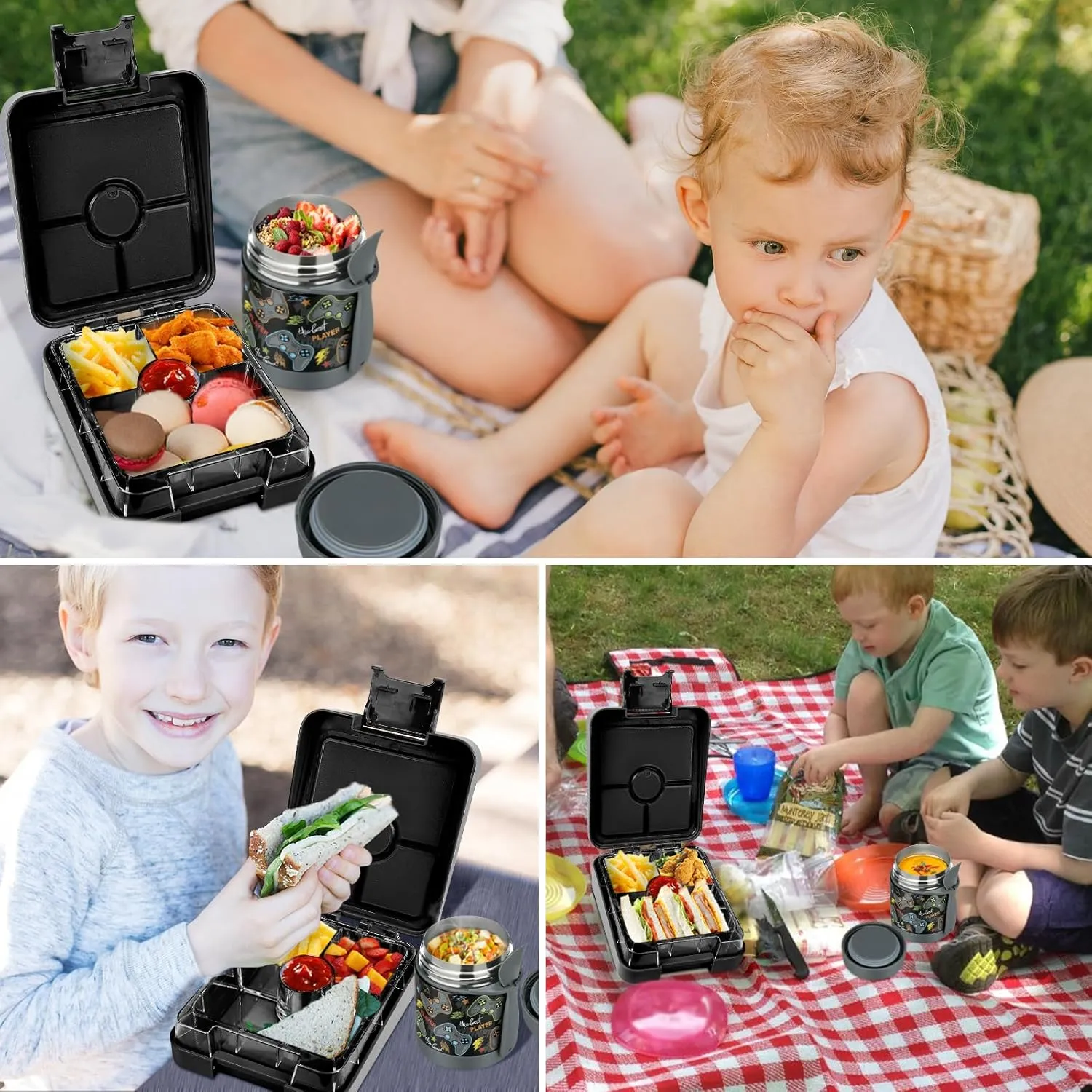 Bento Lunch Box Set for Kids with 10oz Soup Thermo, Leak-Proof Lunch Containers with 4 Compartment, Kids Thermo Hot Food Jar and Insulated Lunch Bag for Kid to School,BPA-Free(Black-Game Console)