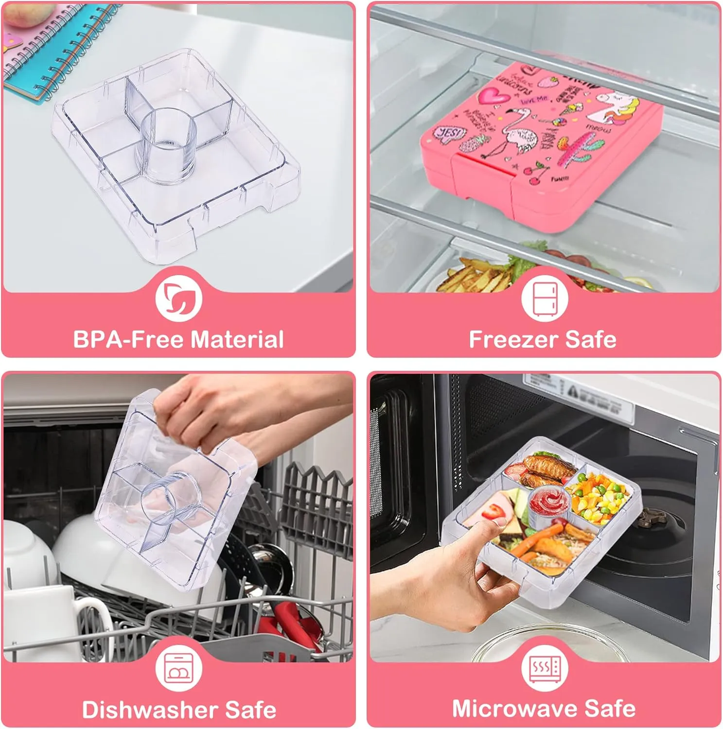 Bento Lunch Box Set With 10oz Soup Thermo, Leak-proof Lunch Containers with 4 Compartment, Kids Hot Thermo Food Jar/Insulation Lunch Bag, Food Containers for School（Flamingo）