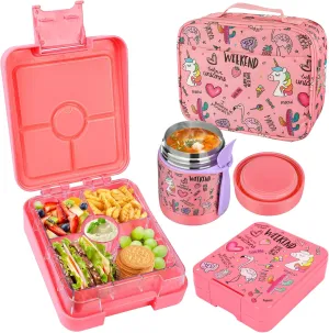 Bento Lunch Box Set With 10oz Soup Thermo, Leak-proof Lunch Containers with 4 Compartment, Kids Hot Thermo Food Jar/Insulation Lunch Bag, Food Containers for School（Flamingo）