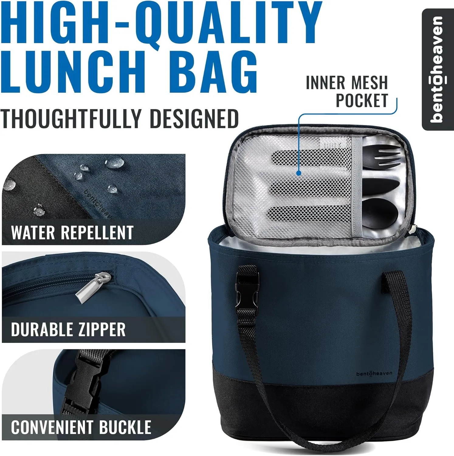 Bentoheaven Insulated Lunch Tote for Work - Durable Materials, Variable Strap/Handle, Wide Opening - Cooler Lunch Bag for Women & Men - Fits all major Bento Lunch Boxes and Other Containers (Blue)