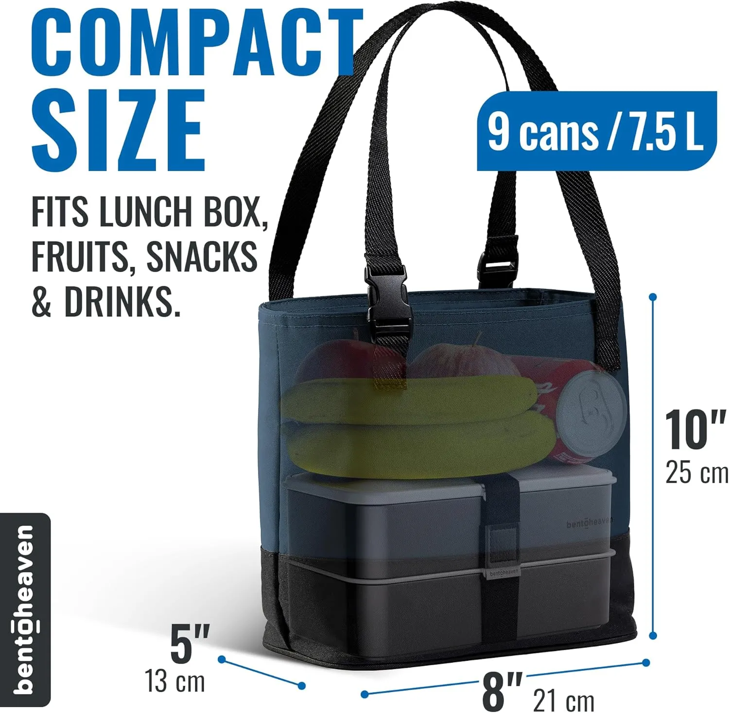 Bentoheaven Insulated Lunch Tote for Work - Durable Materials, Variable Strap/Handle, Wide Opening - Cooler Lunch Bag for Women & Men - Fits all major Bento Lunch Boxes and Other Containers (Blue)