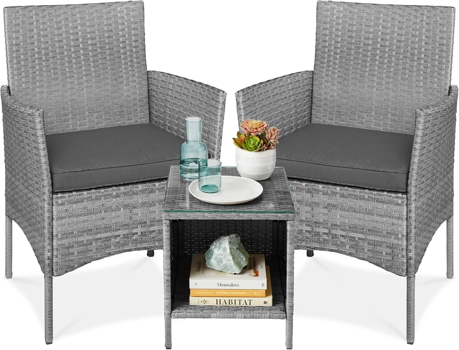 Best Choice Products 3-Piece Outdoor Wicker Conversation Bistro Set, Space Saving Patio Furniture for Garden w/Side Table - Gray/Gray