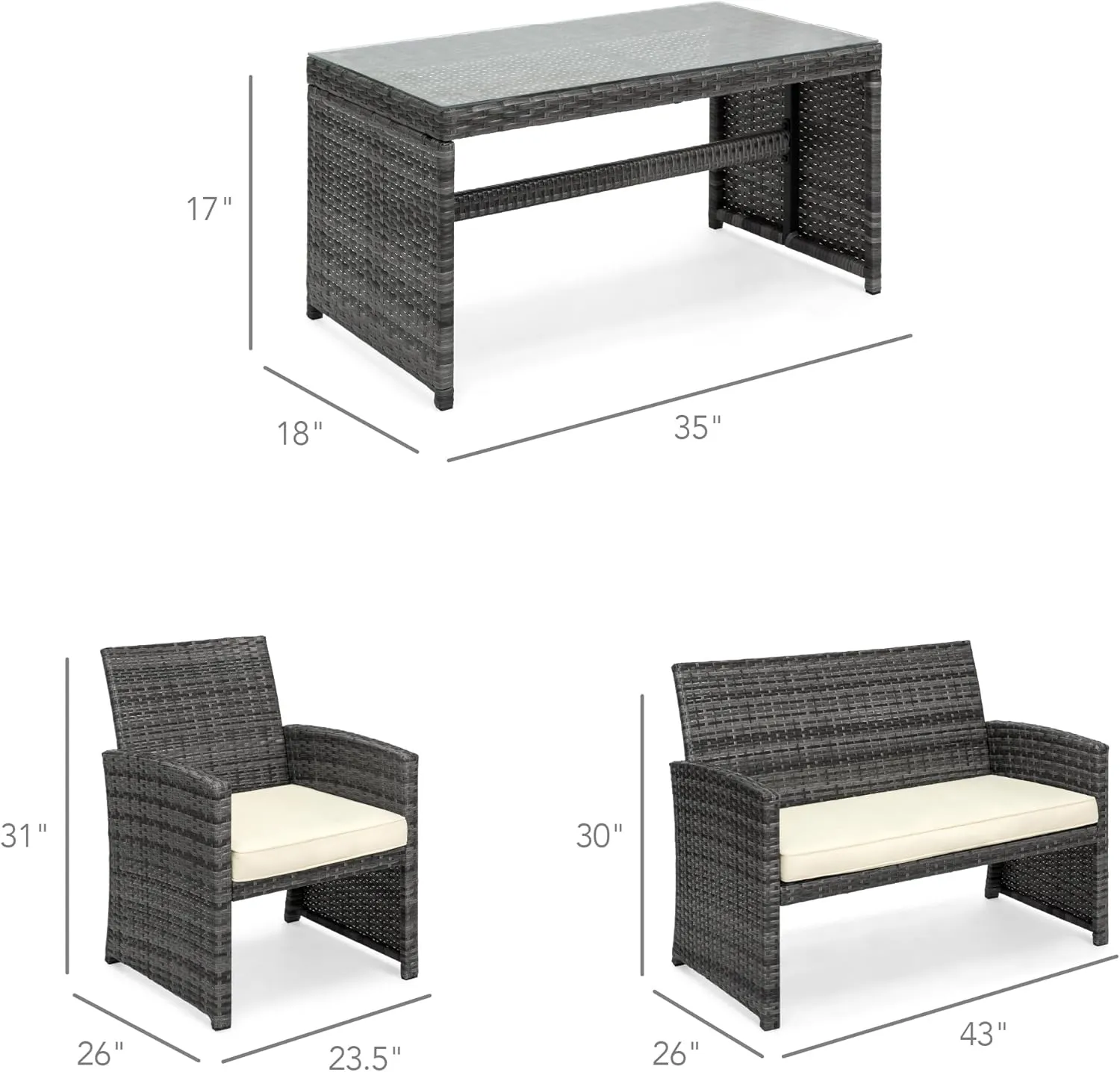 Best Choice Products 4-Piece Outdoor Wicker Patio Conversation Furniture Set for Backyard w/Coffee Table, Seat Cushions - Gray/Cream
