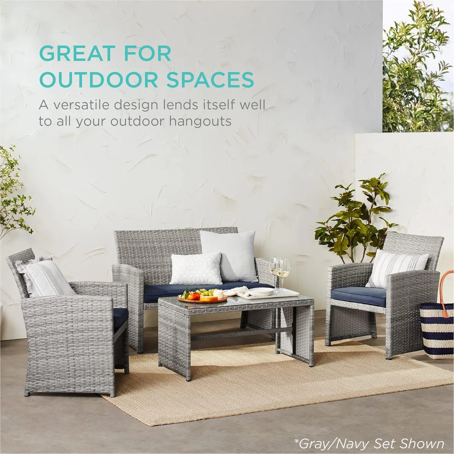 Best Choice Products 4-Piece Outdoor Wicker Patio Conversation Furniture Set for Backyard w/Coffee Table, Seat Cushions - Gray/Cream