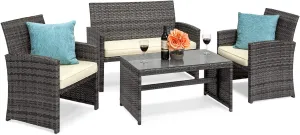 Best Choice Products 4-Piece Outdoor Wicker Patio Conversation Furniture Set for Backyard w/Coffee Table, Seat Cushions - Gray/Cream