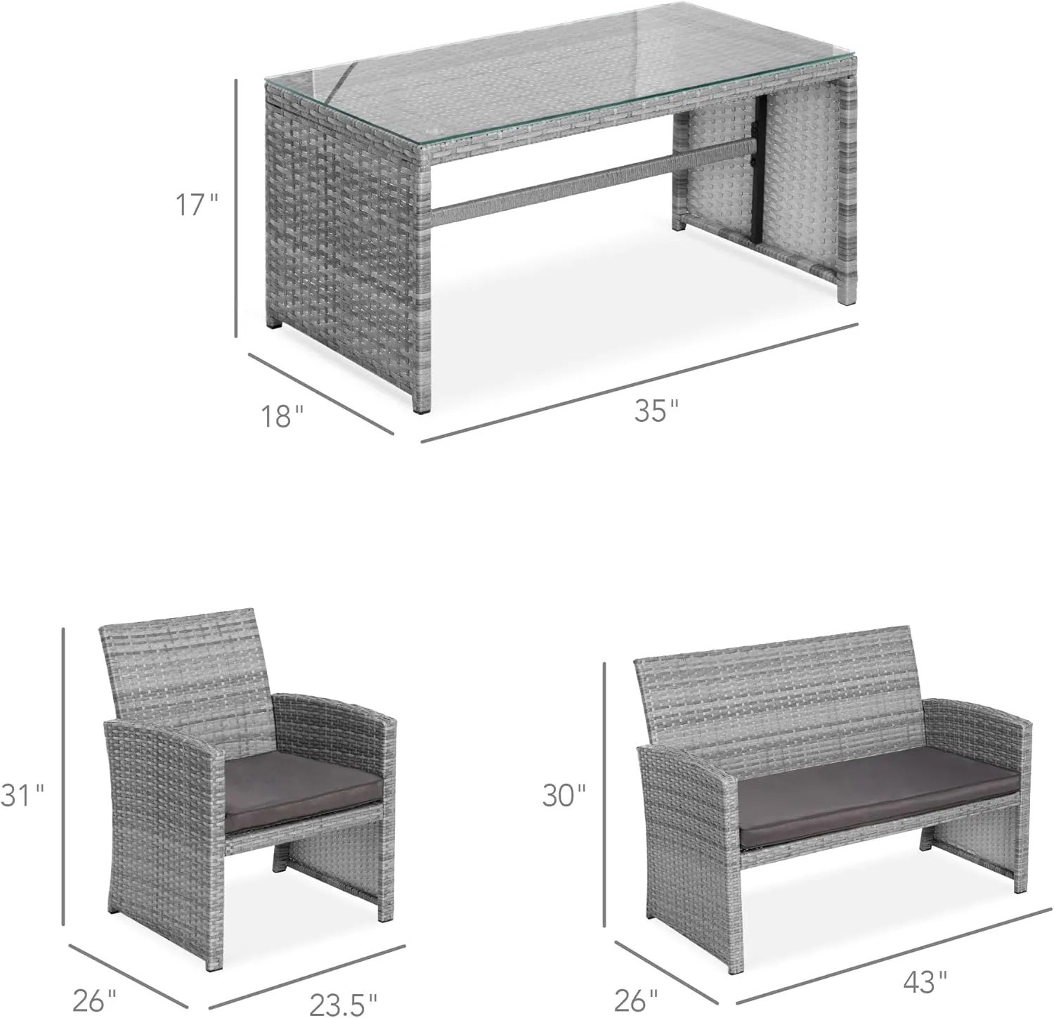 Best Choice Products 4-Piece Outdoor Wicker Patio Conversation Furniture Set for Backyard w/Coffee Table, Seat Cushions - Gray/Gray