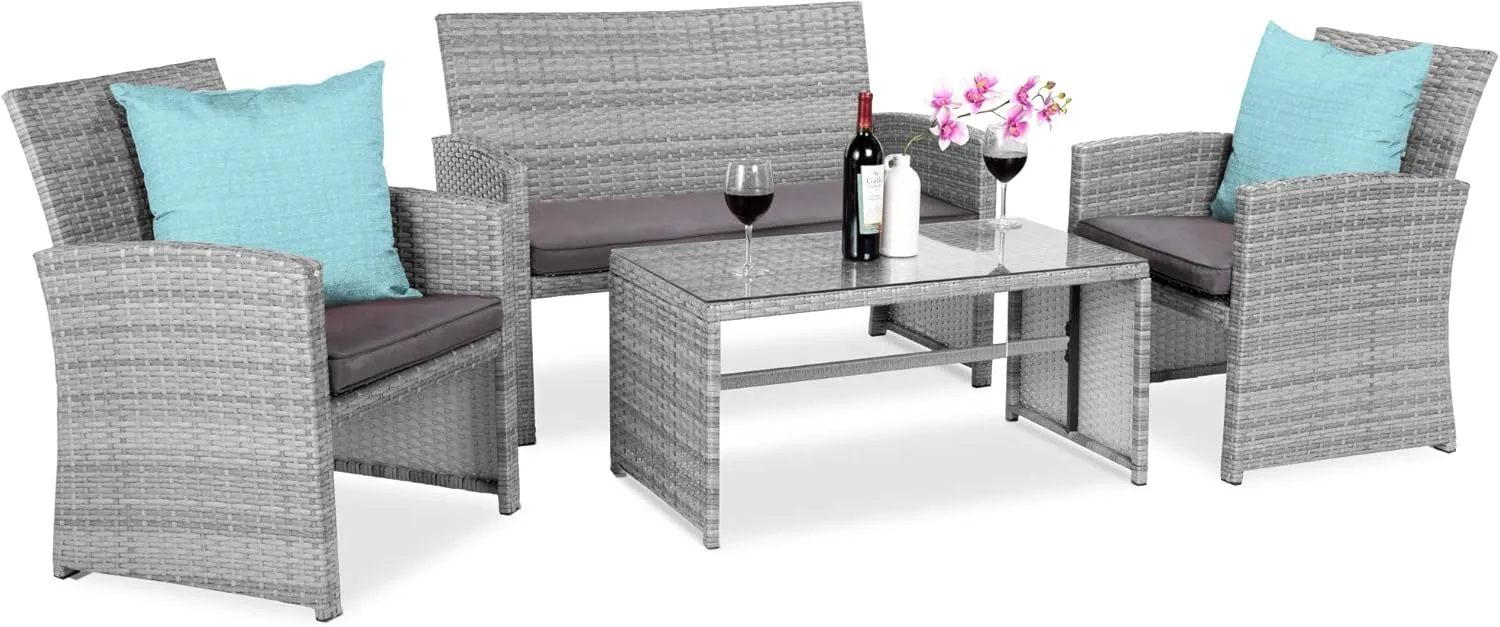 Best Choice Products 4-Piece Outdoor Wicker Patio Conversation Furniture Set for Backyard w/Coffee Table, Seat Cushions - Gray/Gray