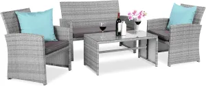 Best Choice Products 4-Piece Outdoor Wicker Patio Conversation Furniture Set for Backyard w/Coffee Table, Seat Cushions - Gray/Gray