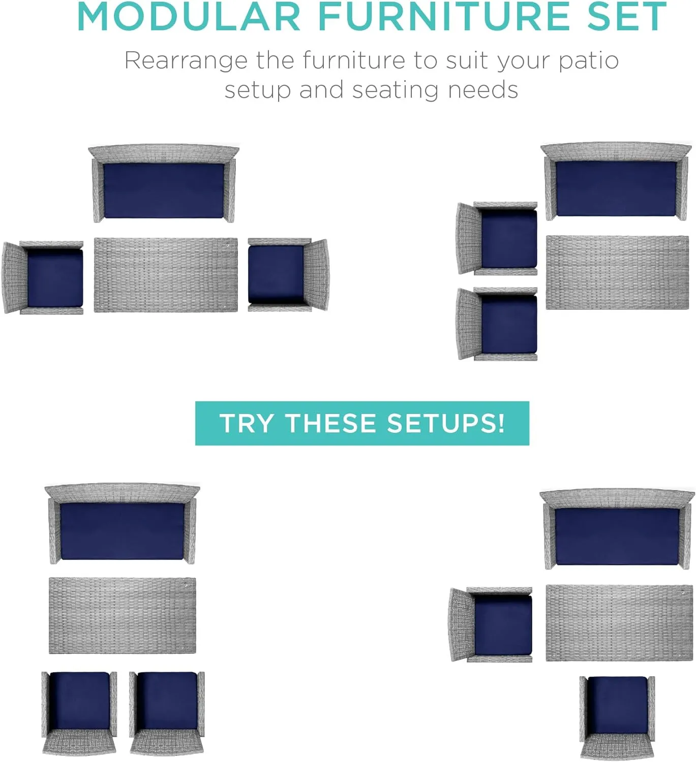 Best Choice Products 4-Piece Outdoor Wicker Patio Conversation Furniture Set for Backyard w/Coffee Table, Seat Cushions - Gray/Navy