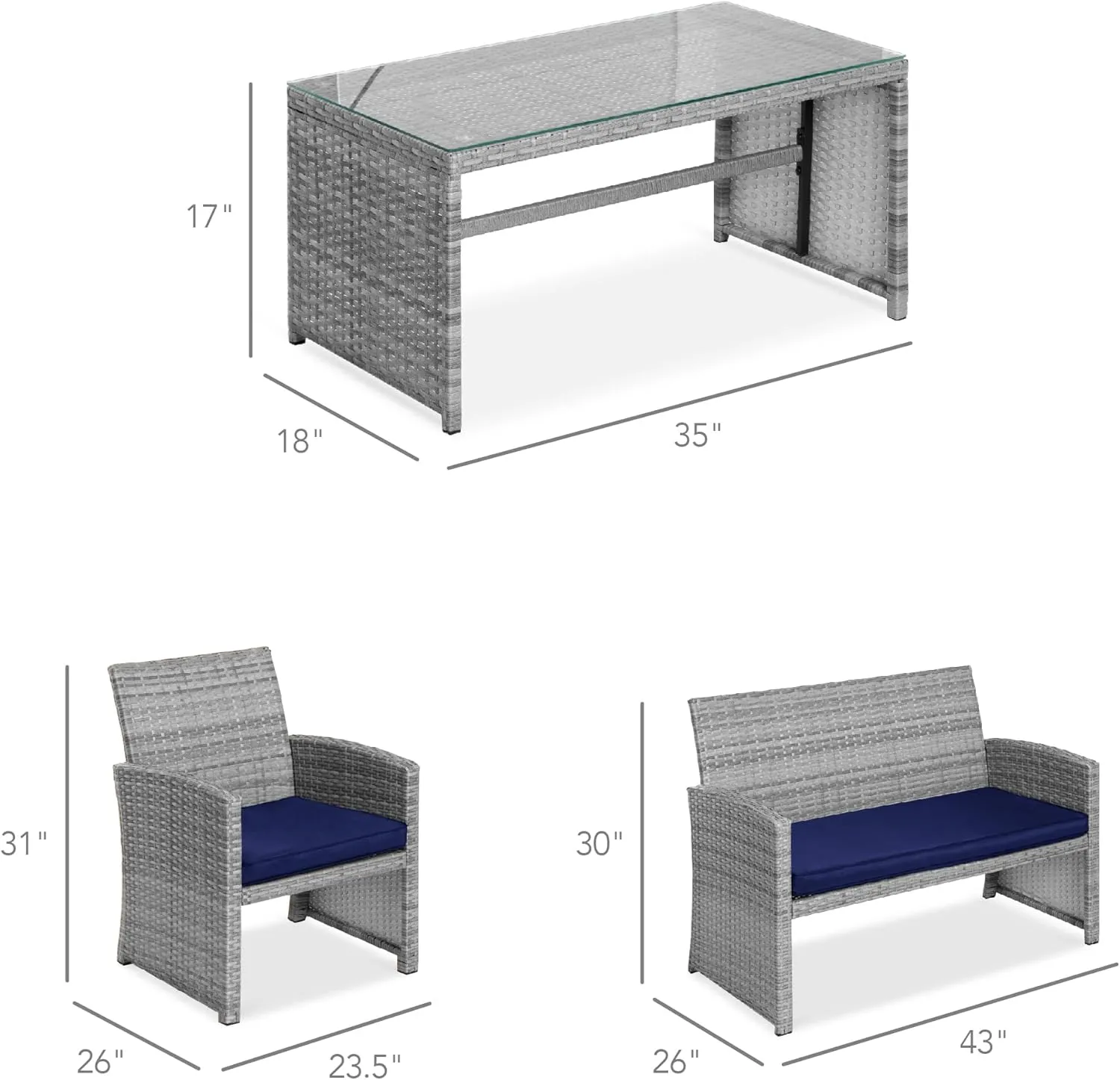 Best Choice Products 4-Piece Outdoor Wicker Patio Conversation Furniture Set for Backyard w/Coffee Table, Seat Cushions - Gray/Navy