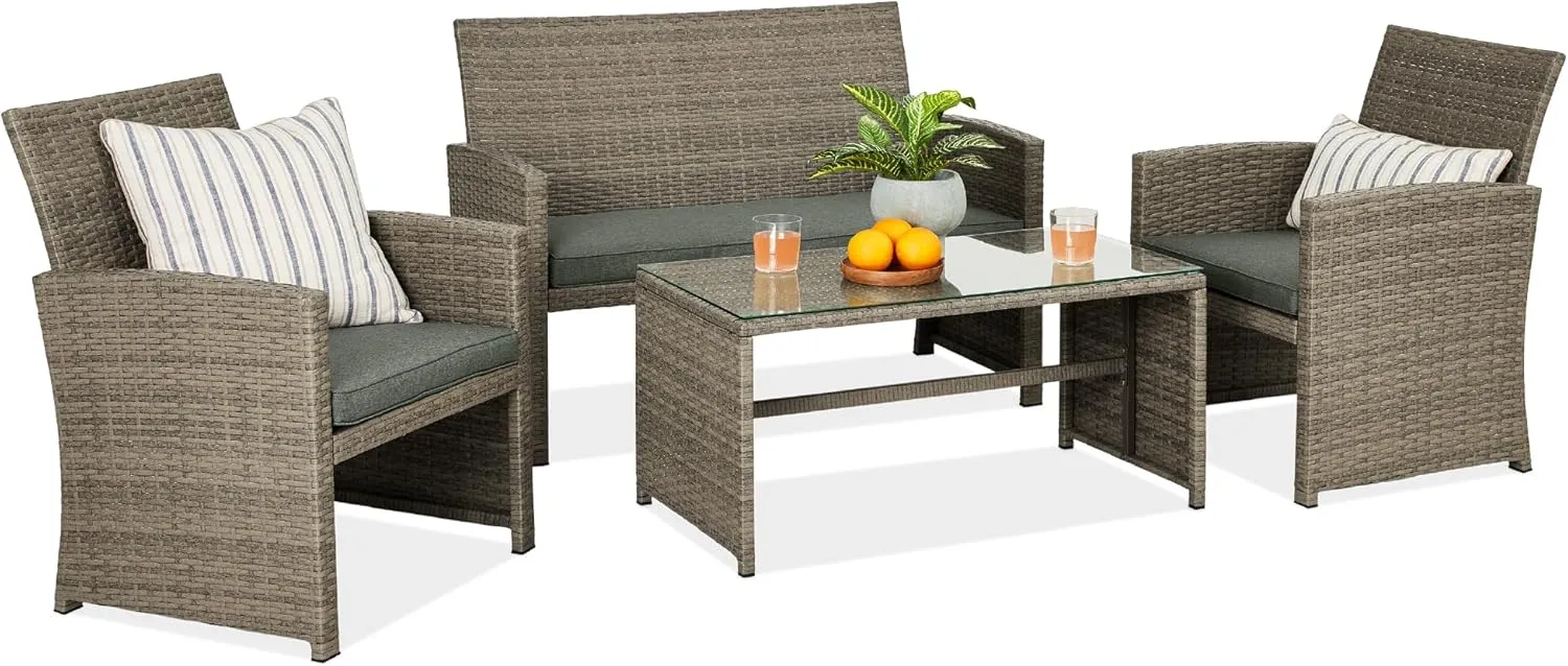 Best Choice Products 4-Piece Outdoor Wicker Patio Conversation Furniture Set for Backyard w/Coffee Table, Seat Cushions - Taupe/Slate Green
