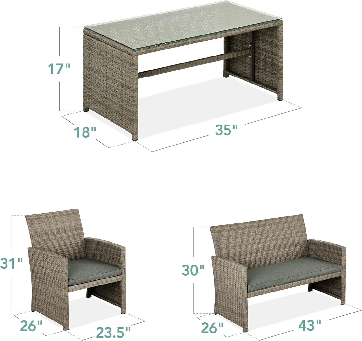 Best Choice Products 4-Piece Outdoor Wicker Patio Conversation Furniture Set for Backyard w/Coffee Table, Seat Cushions - Taupe/Slate Green
