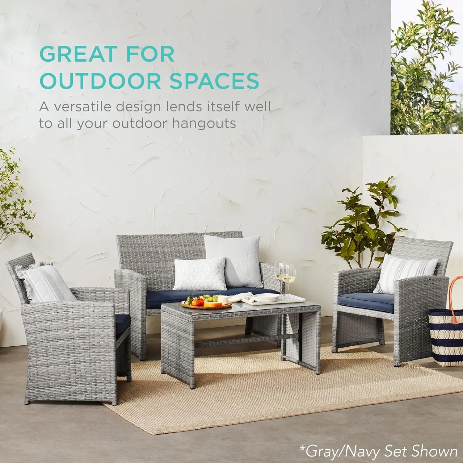 Best Choice Products 4-Piece Outdoor Wicker Patio Conversation Furniture Set for Backyard w/Coffee Table, Seat Cushions - Taupe/Slate Green