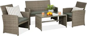 Best Choice Products 4-Piece Outdoor Wicker Patio Conversation Furniture Set for Backyard w/Coffee Table, Seat Cushions - Taupe/Slate Green
