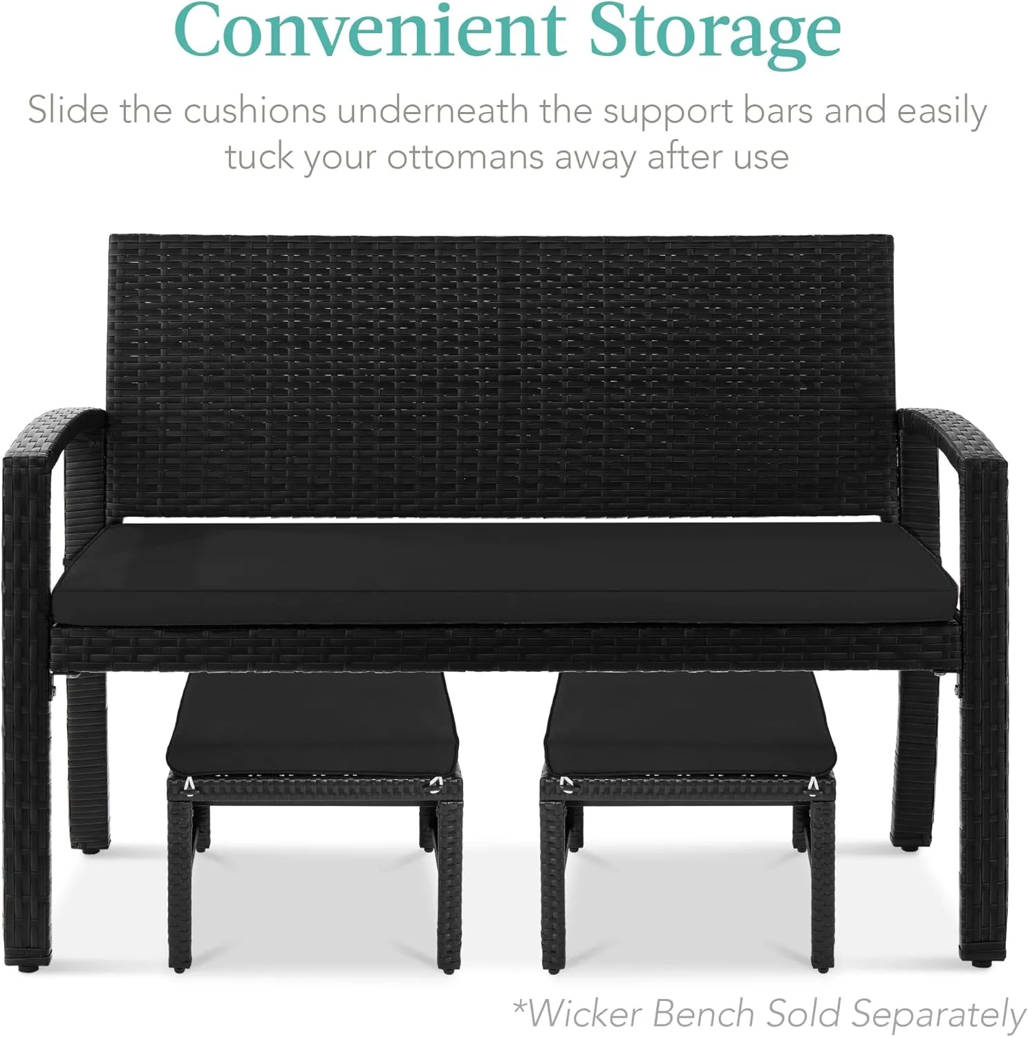 Best Choice Products Set of 2 Wicker Ottomans, Multipurpose Outdoor Furniture for Patio, Backyard, Additional Seating, Footrest, Side Table w/Removable Cushions, Steel Frame - Black/Black