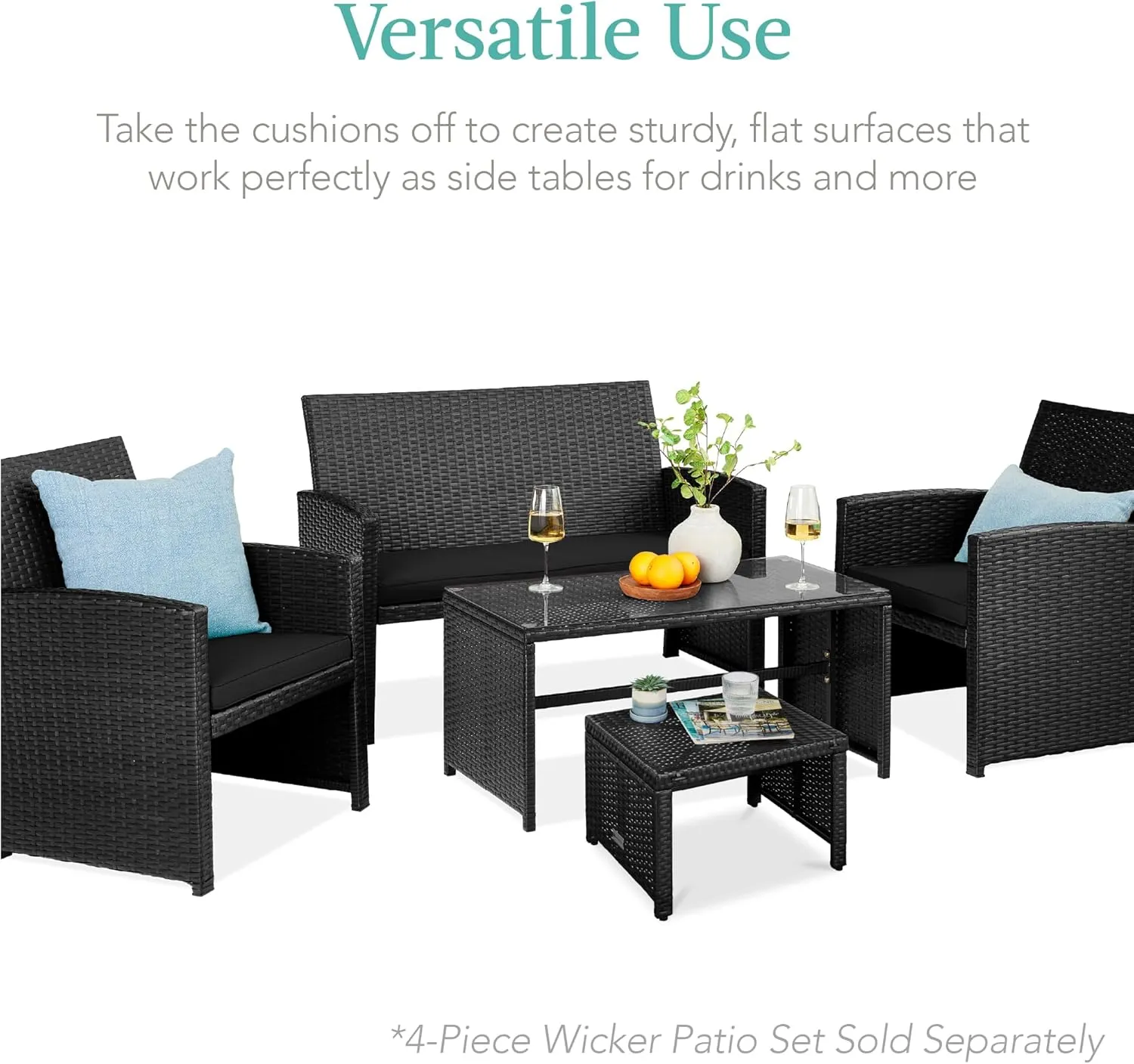 Best Choice Products Set of 2 Wicker Ottomans, Multipurpose Outdoor Furniture for Patio, Backyard, Additional Seating, Footrest, Side Table w/Removable Cushions, Steel Frame - Black/Black