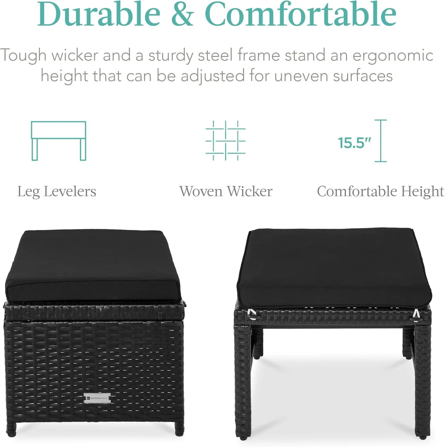 Best Choice Products Set of 2 Wicker Ottomans, Multipurpose Outdoor Furniture for Patio, Backyard, Additional Seating, Footrest, Side Table w/Removable Cushions, Steel Frame - Black/Black