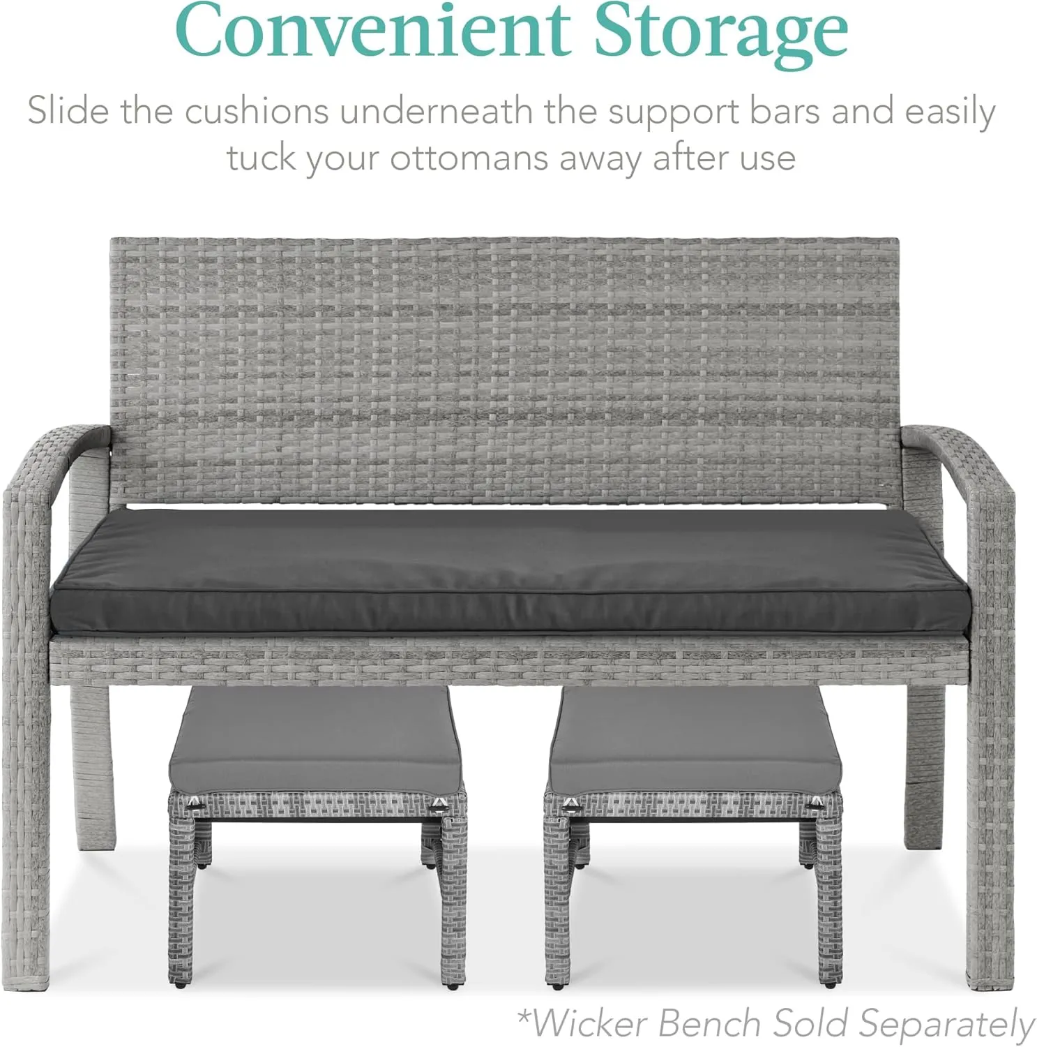 Best Choice Products Set of 2 Wicker Ottomans, Multipurpose Outdoor Furniture for Patio, Backyard, Additional Seating, Footrest, Side Table w/Removable Cushions, Steel Frame - Gray/Gray