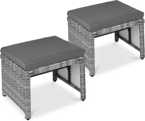 Best Choice Products Set of 2 Wicker Ottomans, Multipurpose Outdoor Furniture for Patio, Backyard, Additional Seating, Footrest, Side Table w/Removable Cushions, Steel Frame - Gray/Gray