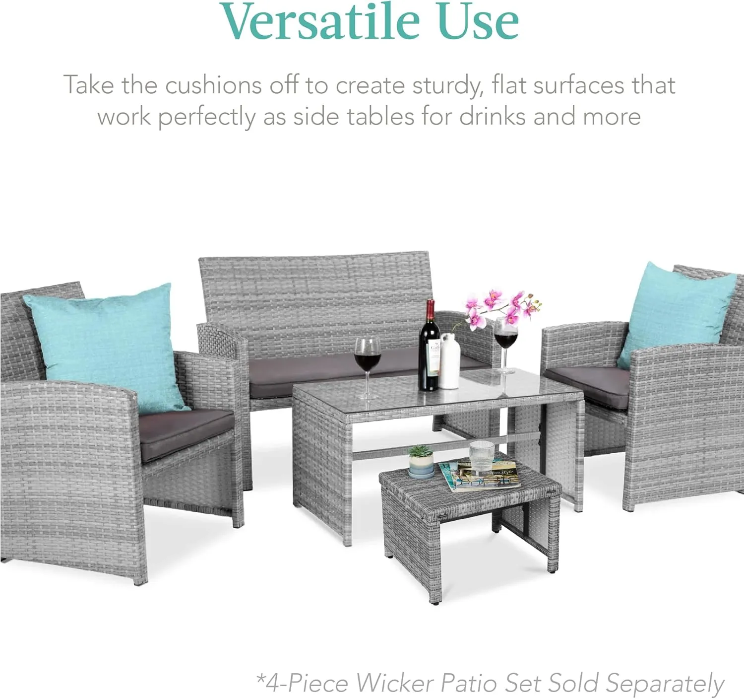 Best Choice Products Set of 2 Wicker Ottomans, Multipurpose Outdoor Furniture for Patio, Backyard, Additional Seating, Footrest, Side Table w/Removable Cushions, Steel Frame - Gray/Gray