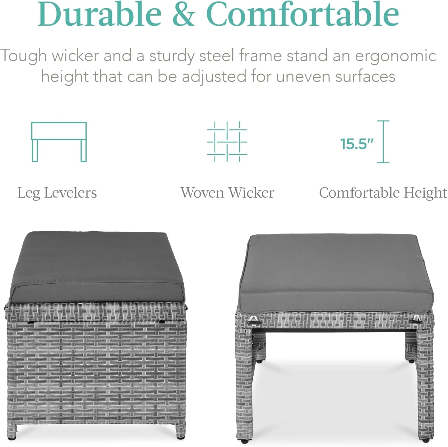 Best Choice Products Set of 2 Wicker Ottomans, Multipurpose Outdoor Furniture for Patio, Backyard, Additional Seating, Footrest, Side Table w/Removable Cushions, Steel Frame - Gray/Gray