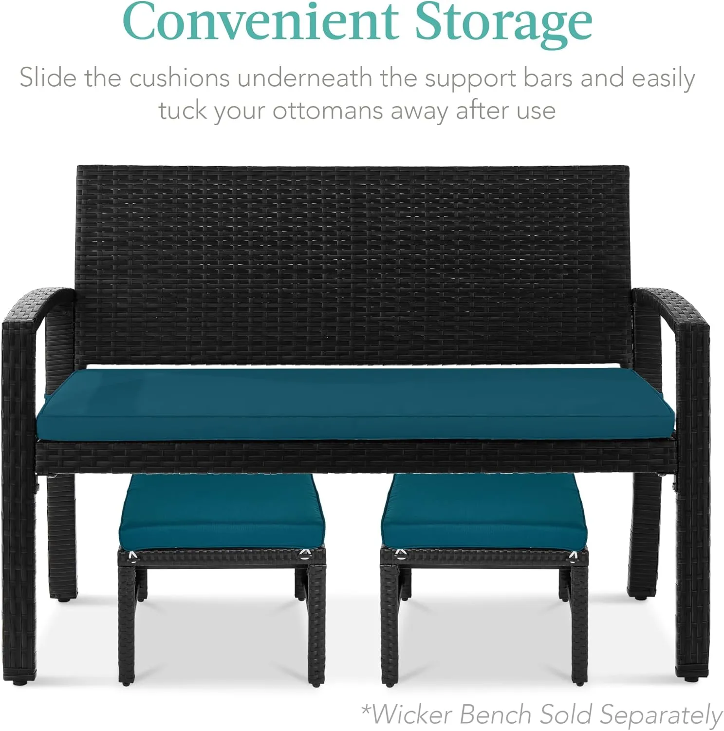 Best Choice Products Set of 2 Wicker Ottomans, Multipurpose Outdoor Furniture for Patio, Backyard, Additional Seating, Footrest, Side Table w/Removable Cushions, Steel Frame - Peacock Blue/Black