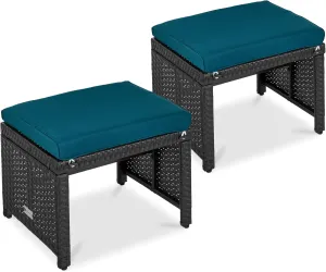 Best Choice Products Set of 2 Wicker Ottomans, Multipurpose Outdoor Furniture for Patio, Backyard, Additional Seating, Footrest, Side Table w/Removable Cushions, Steel Frame - Peacock Blue/Black