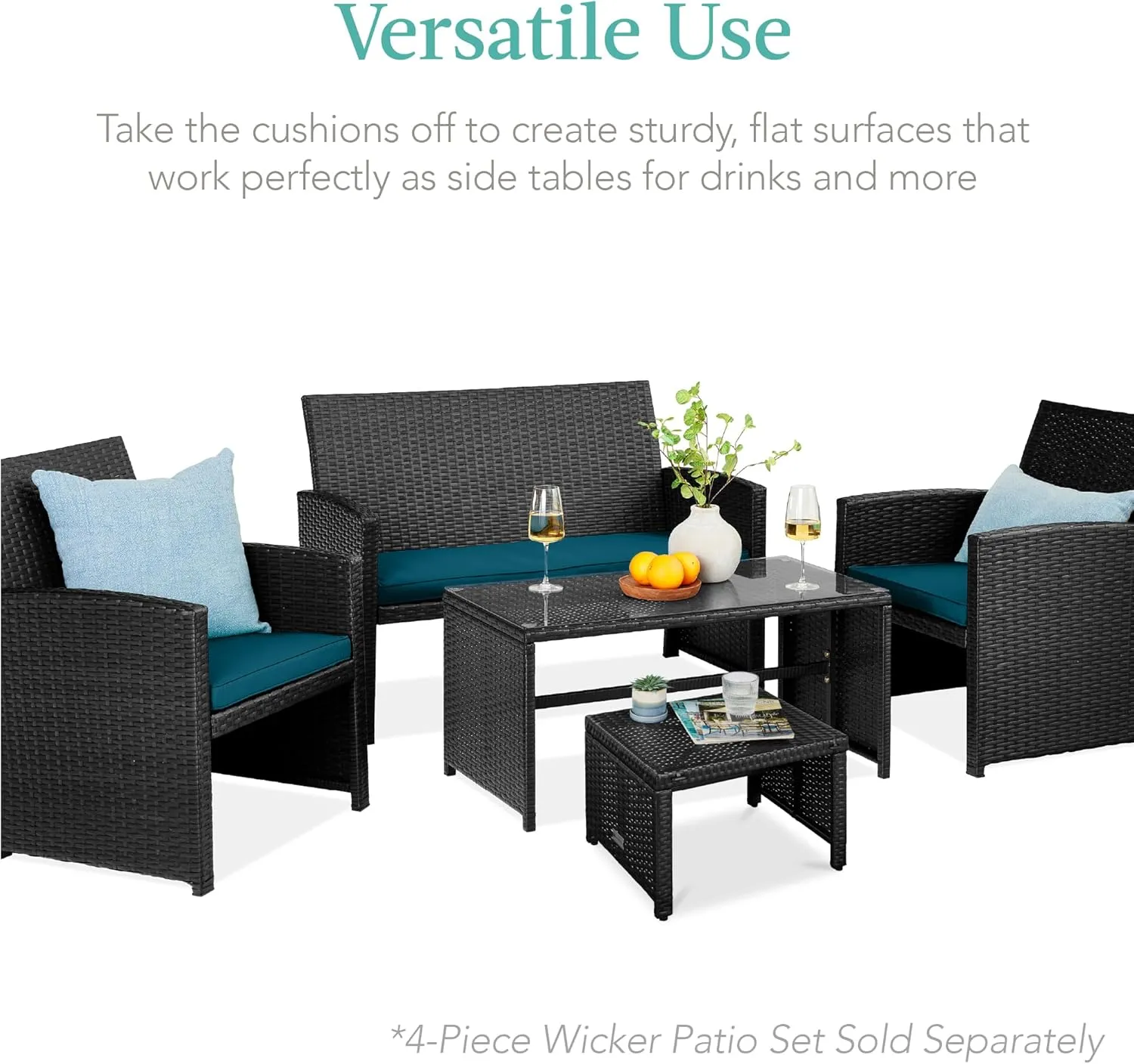 Best Choice Products Set of 2 Wicker Ottomans, Multipurpose Outdoor Furniture for Patio, Backyard, Additional Seating, Footrest, Side Table w/Removable Cushions, Steel Frame - Peacock Blue/Black