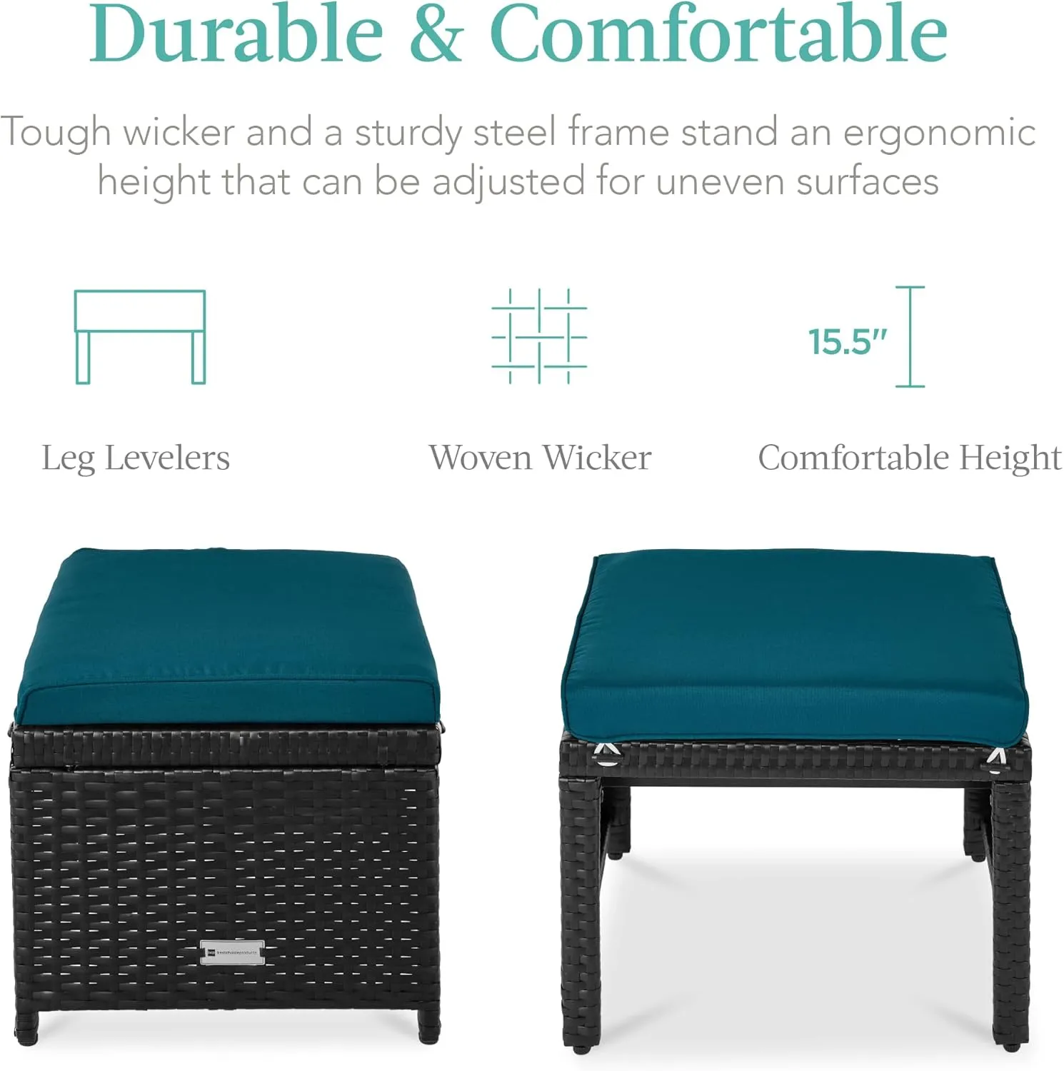 Best Choice Products Set of 2 Wicker Ottomans, Multipurpose Outdoor Furniture for Patio, Backyard, Additional Seating, Footrest, Side Table w/Removable Cushions, Steel Frame - Peacock Blue/Black