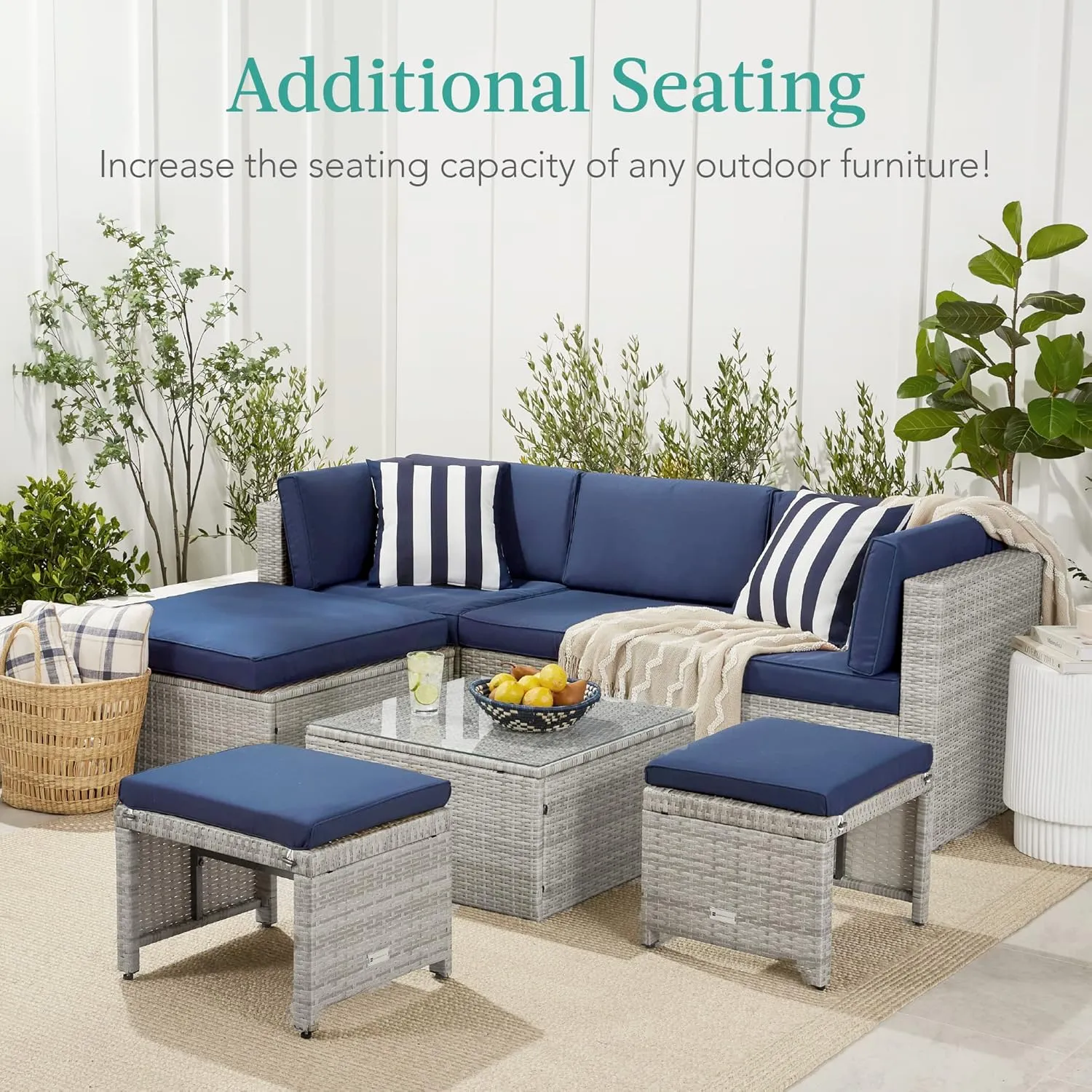 Best Choice Products Set of 2 Wicker Ottomans, Multipurpose Outdoor Furniture for Patio, Backyard, Additional Seating, Footrest, Side Table w/Removable Cushions, Steel Frame - Peacock Blue/Black