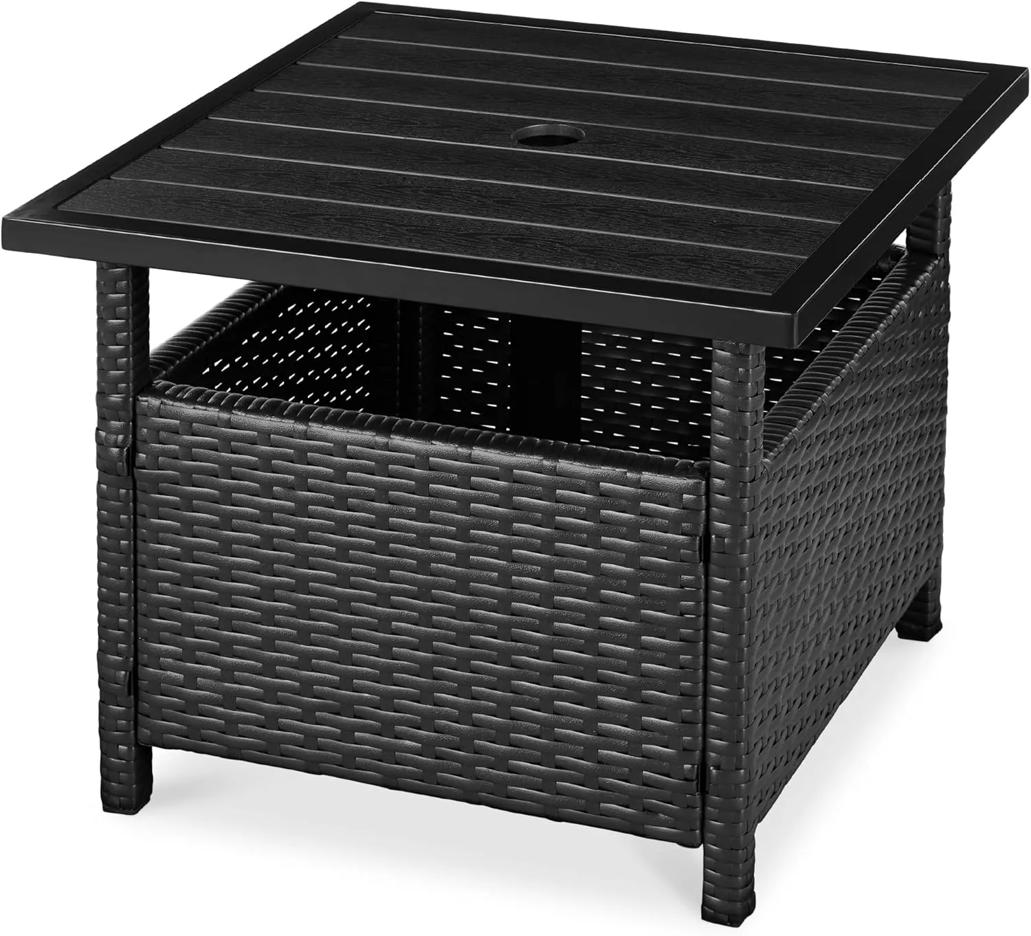 Best Choice Products Wicker Side Table with Umbrella Hole, Square PE Rattan Outdoor End Table for Patio, Garden, Poolside, Deck w/UV-Resistant Frame, Storage Space - Black