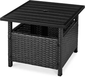 Best Choice Products Wicker Side Table with Umbrella Hole, Square PE Rattan Outdoor End Table for Patio, Garden, Poolside, Deck w/UV-Resistant Frame, Storage Space - Black
