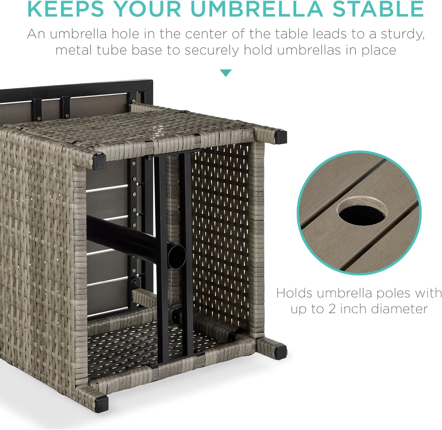Best Choice Products Wicker Side Table with Umbrella Hole, Square PE Rattan Outdoor End Table for Patio, Garden, Poolside, Deck w/UV-Resistant Frame, Storage Space - Taupe