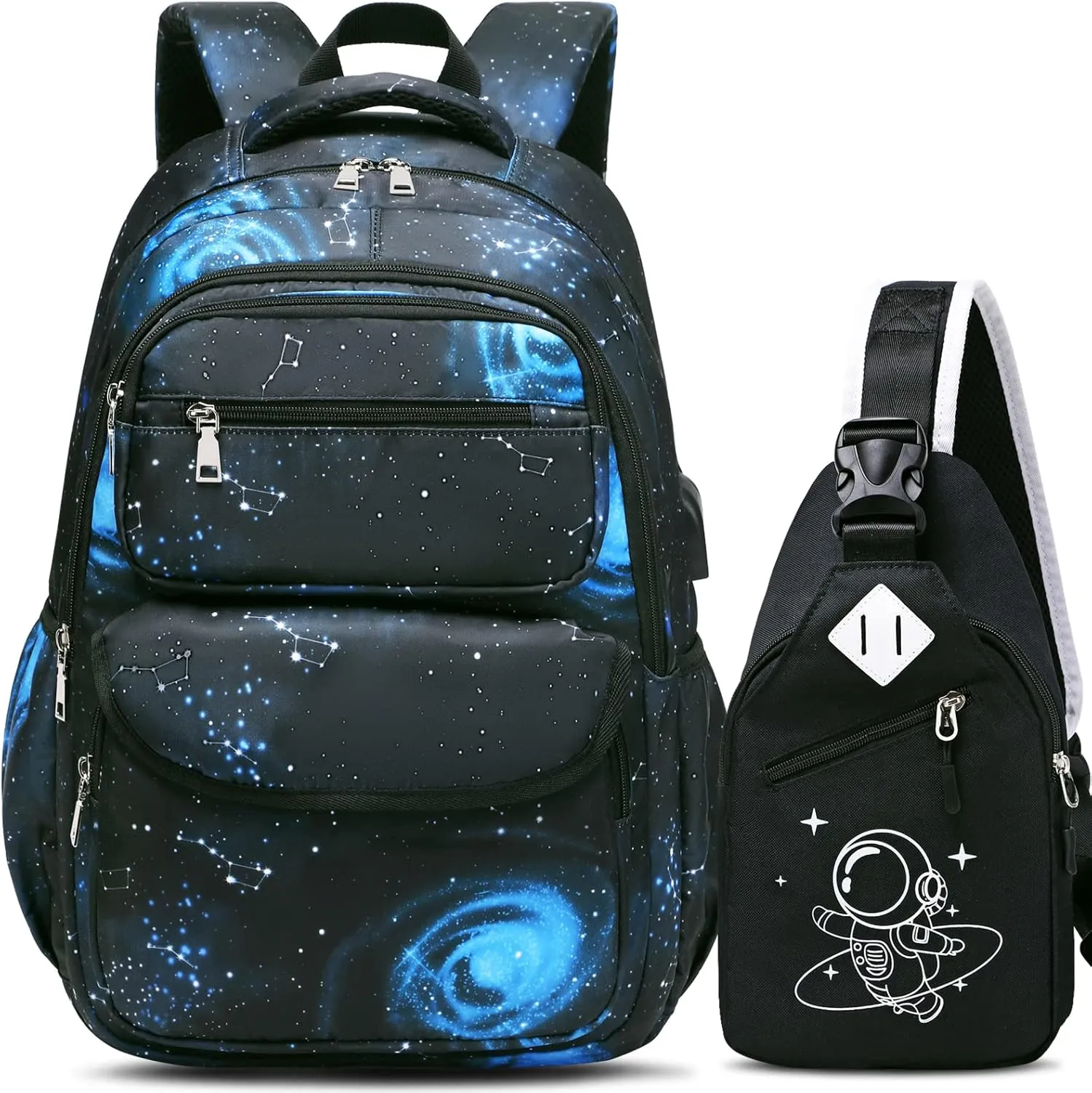 Bevalsa Backpack for Boys, Galaxy School Bags for Kids, Bookbag for Boys Girls Children Teens Backpacks for Elementary Middle High school Student, Bookbag and Sling Bag Set with USB Charging Port
