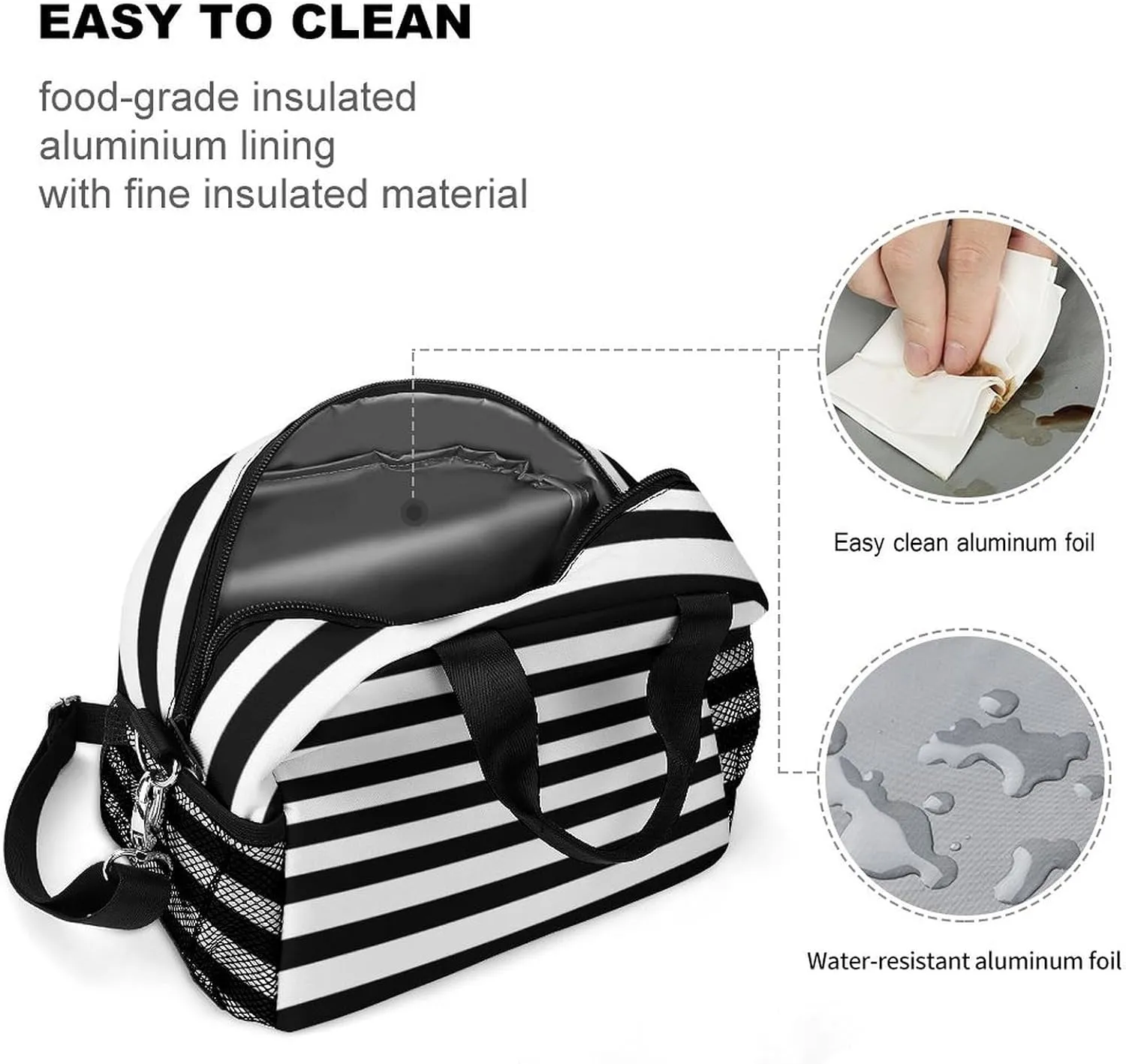 Black And White Mosaic Stripes Adjustable Shoulder Strap Insulated And Leak Proof Premium Lunch Bag Unisex