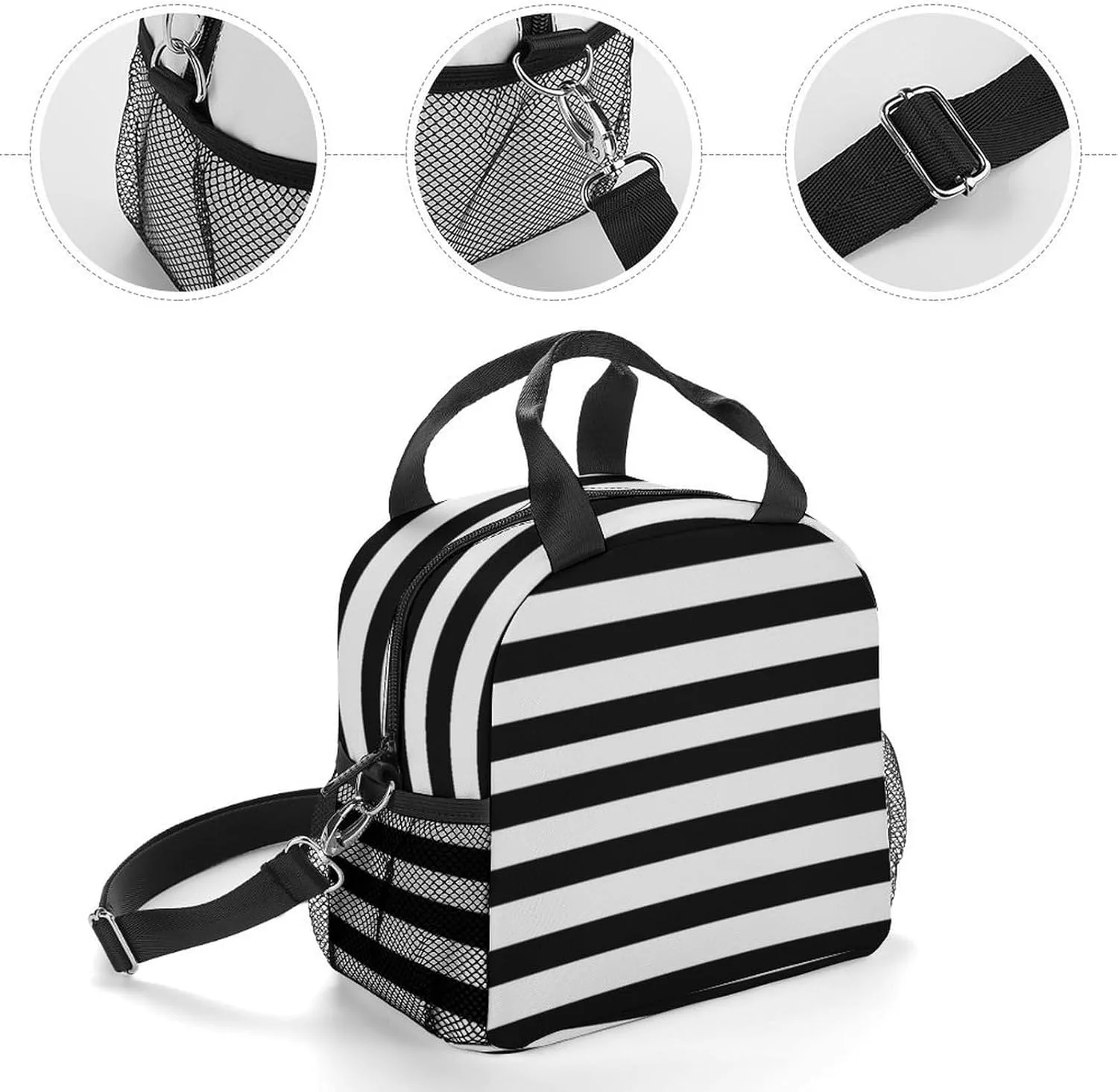 Black And White Mosaic Stripes Adjustable Shoulder Strap Insulated And Leak Proof Premium Lunch Bag Unisex