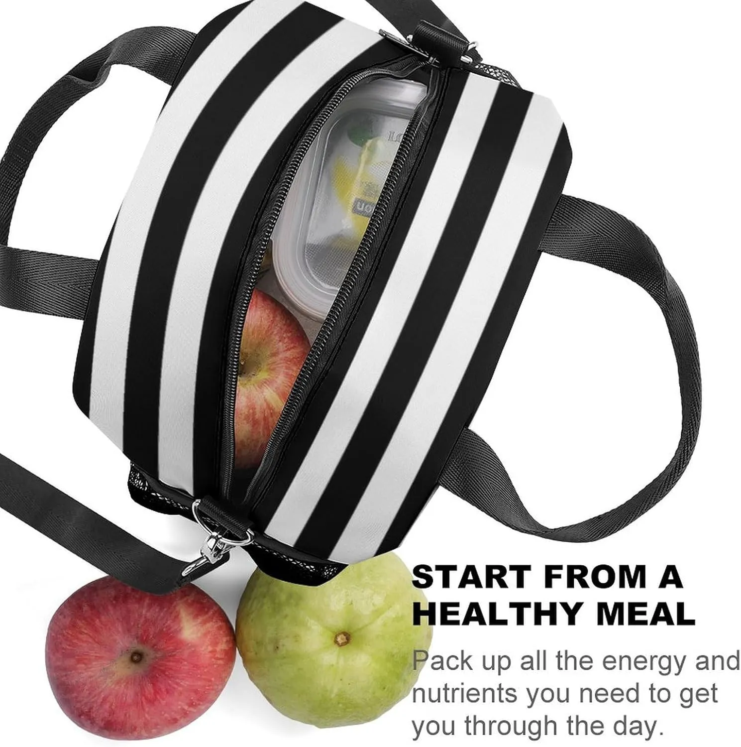 Black And White Mosaic Stripes Adjustable Shoulder Strap Insulated And Leak Proof Premium Lunch Bag Unisex