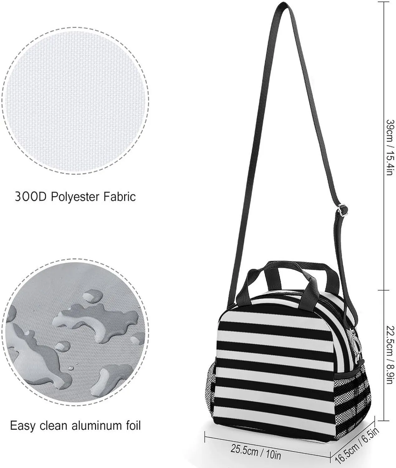 Black And White Mosaic Stripes Adjustable Shoulder Strap Insulated And Leak Proof Premium Lunch Bag Unisex