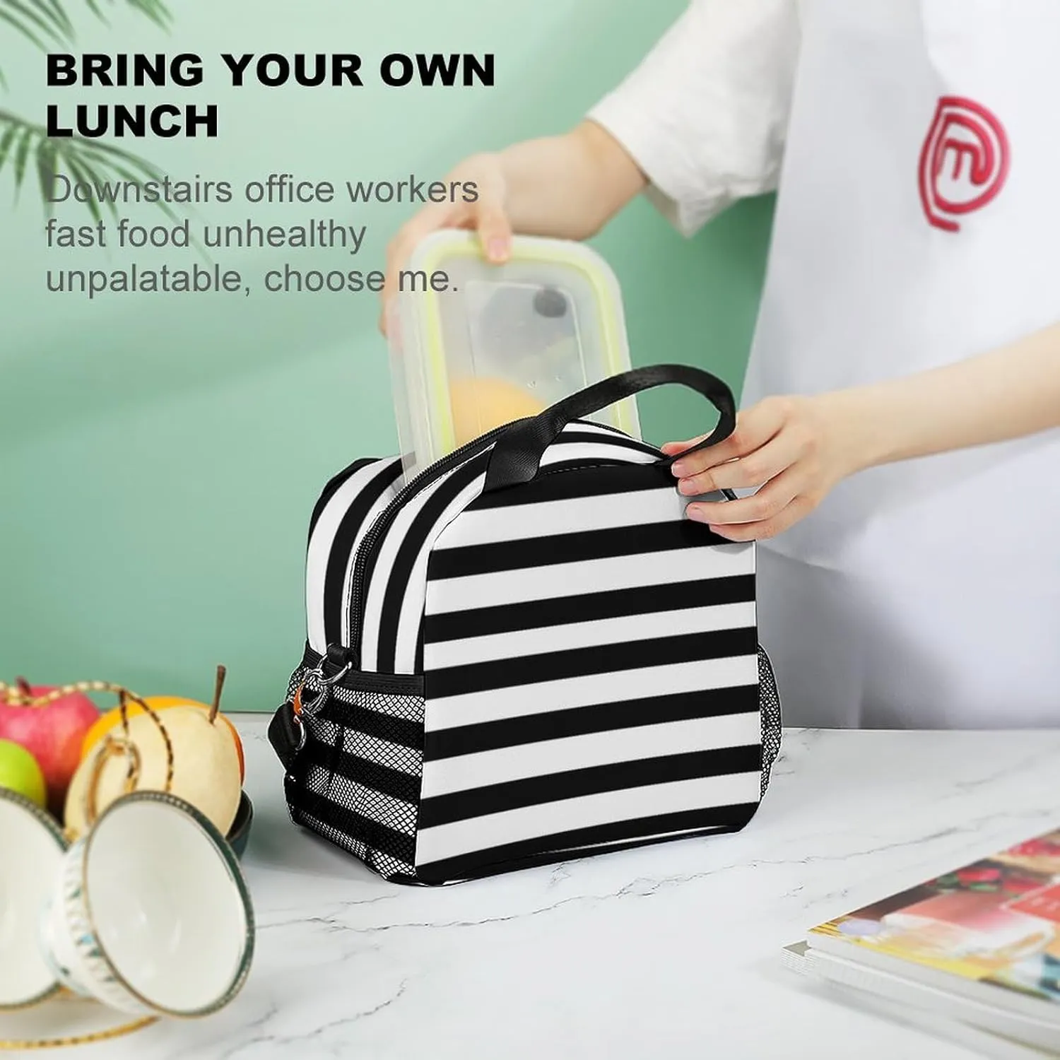 Black And White Mosaic Stripes Adjustable Shoulder Strap Insulated And Leak Proof Premium Lunch Bag Unisex