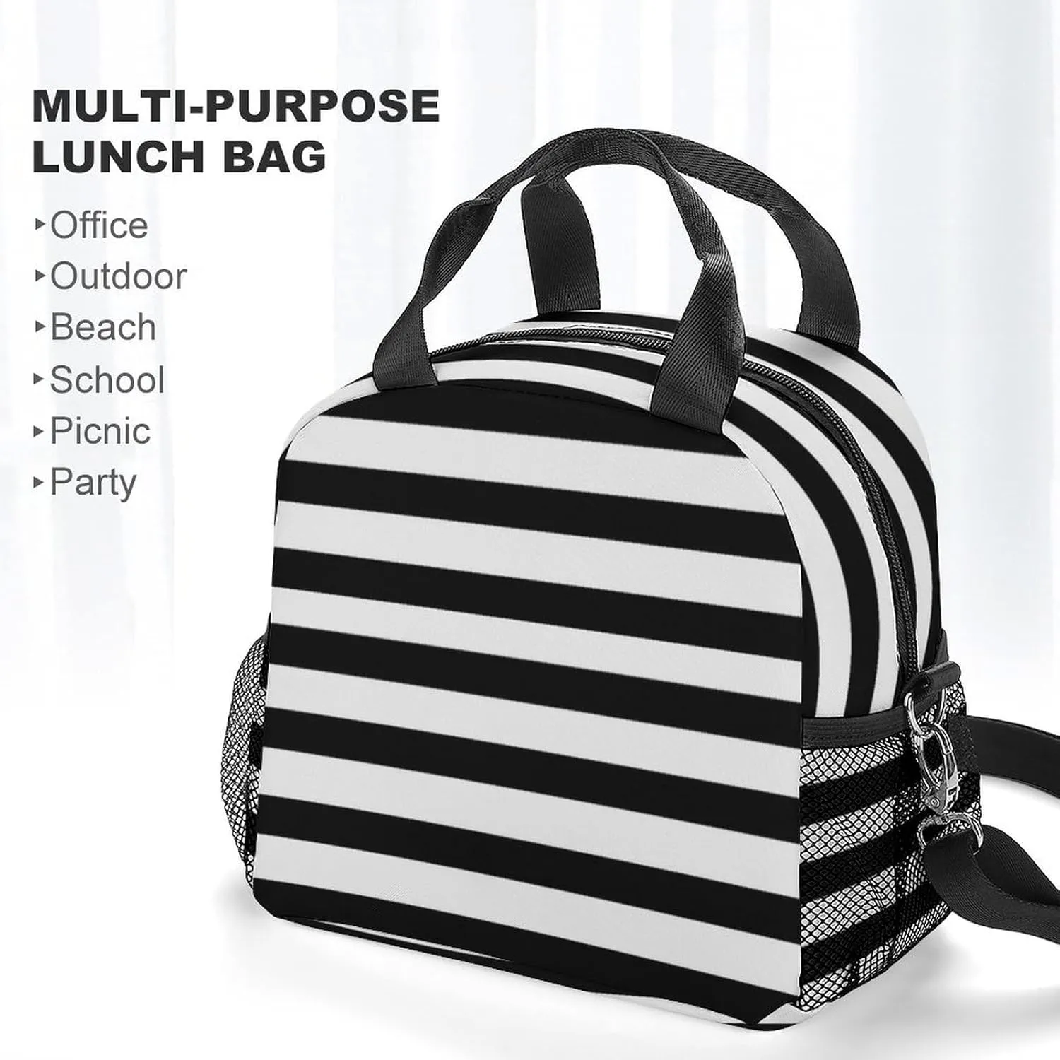 Black And White Mosaic Stripes Adjustable Shoulder Strap Insulated And Leak Proof Premium Lunch Bag Unisex