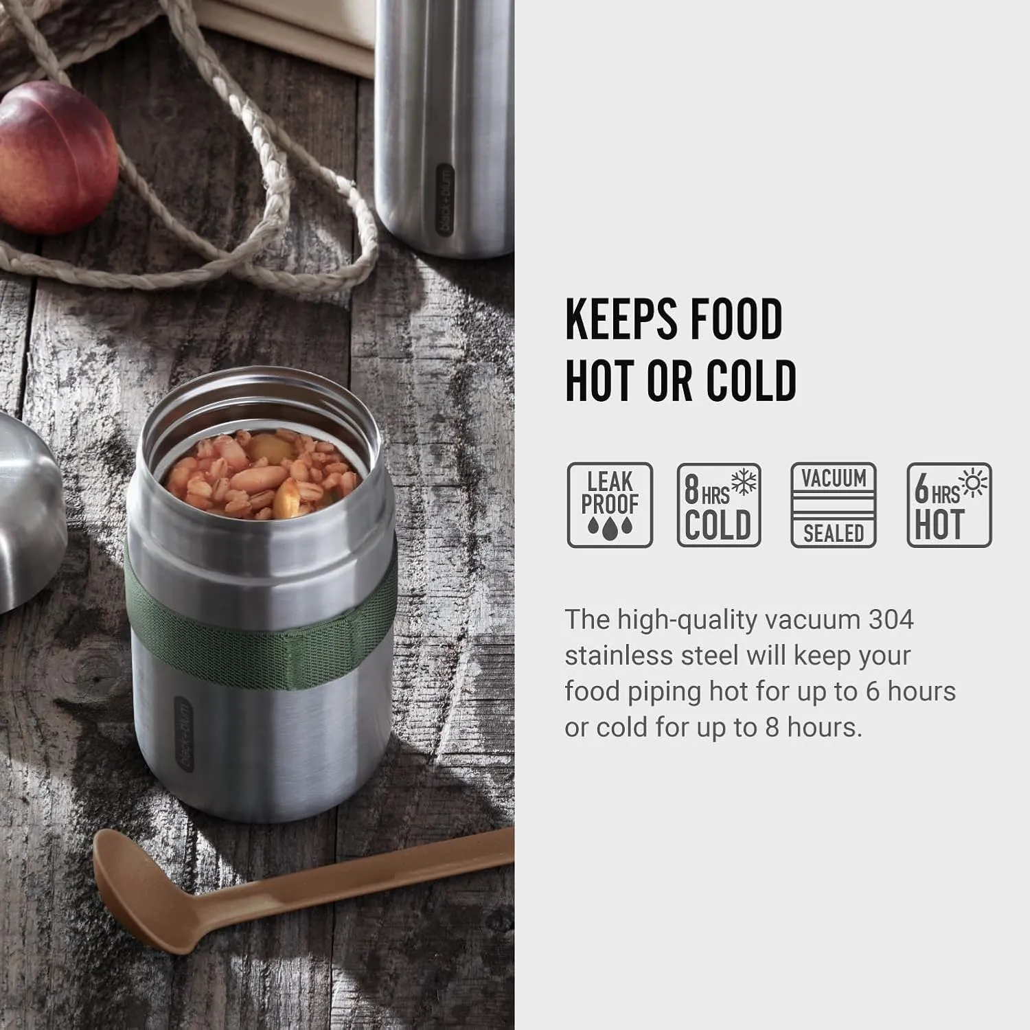 BLACK   BLUM Vacuum Food Flask | Leak Proof Insulated Stainless Steel Lunch Container with Ladle Spoon for Hot and Cold Food | Travel, Office Lunch Box for All Ages | Olive 13.5 oz / 400 ml