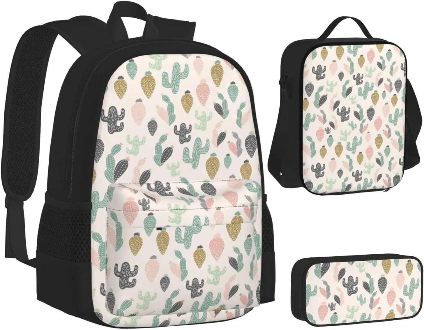 Black green pink cactus Multifunctional Pocket Backpack Crossbody Lunch Bag Pencil Case 3Pcs Set Large Capacity Backpack