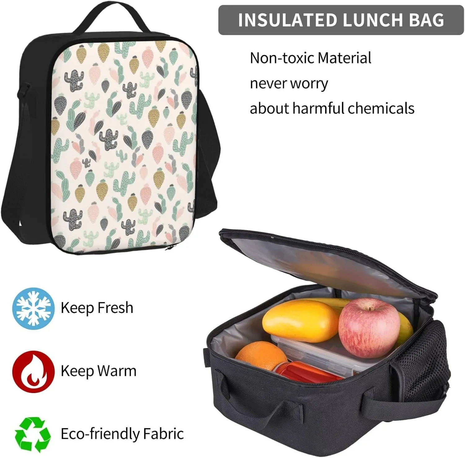 Black green pink cactus Multifunctional Pocket Backpack Crossbody Lunch Bag Pencil Case 3Pcs Set Large Capacity Backpack