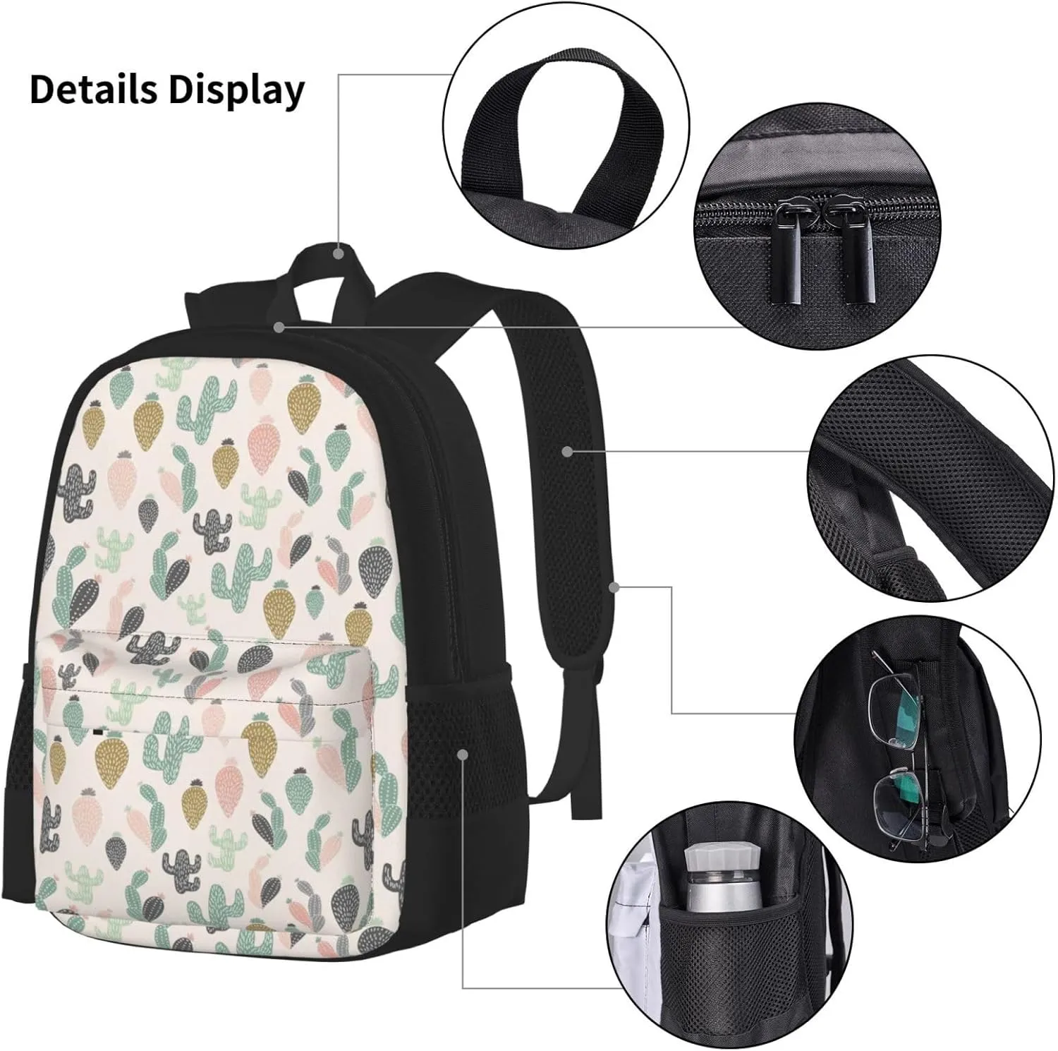Black green pink cactus Multifunctional Pocket Backpack Crossbody Lunch Bag Pencil Case 3Pcs Set Large Capacity Backpack