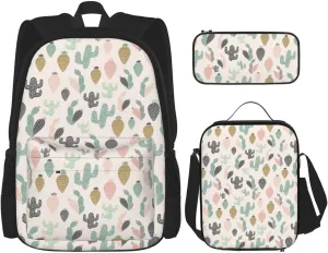 Black green pink cactus Multifunctional Pocket Backpack Crossbody Lunch Bag Pencil Case 3Pcs Set Large Capacity Backpack