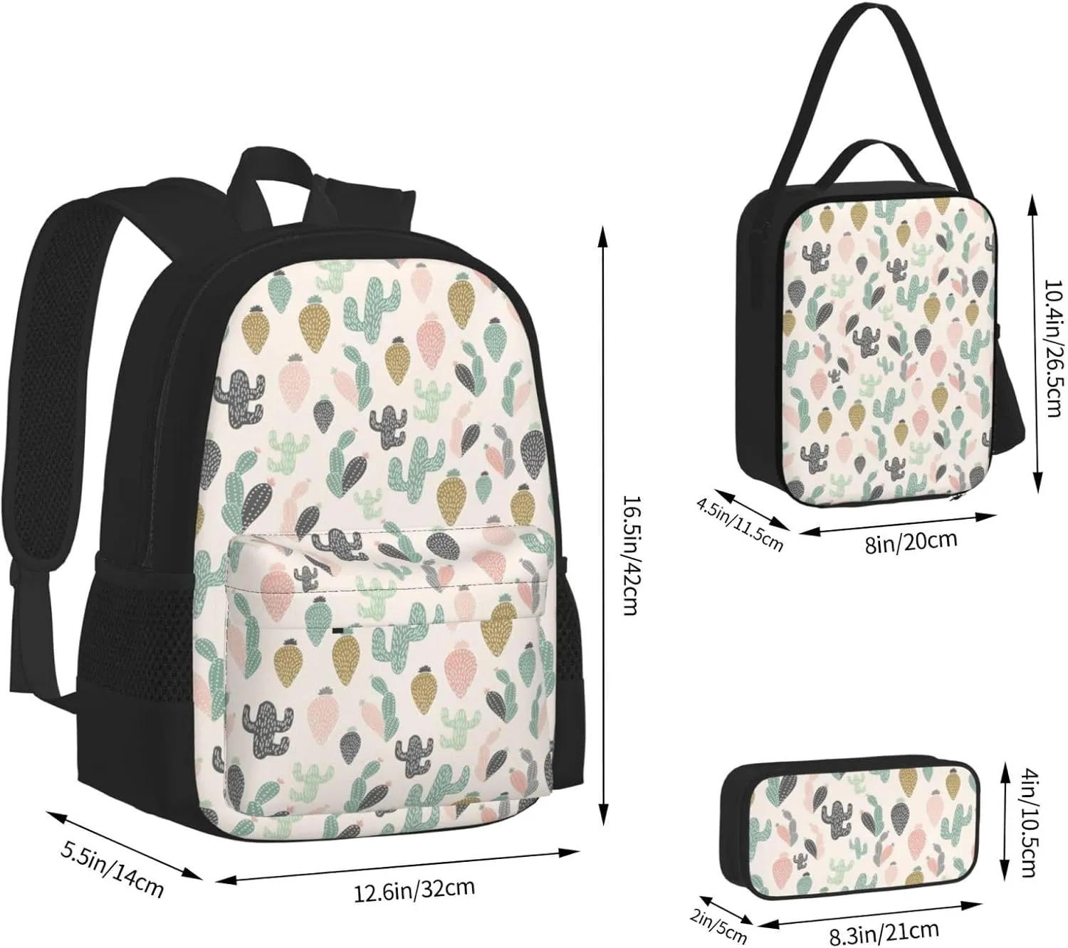 Black green pink cactus Multifunctional Pocket Backpack Crossbody Lunch Bag Pencil Case 3Pcs Set Large Capacity Backpack