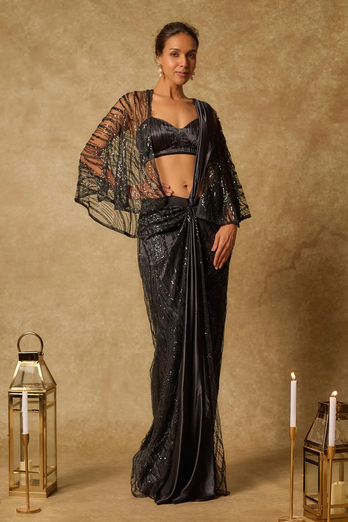 Black Pre Draped Saree & Jacket